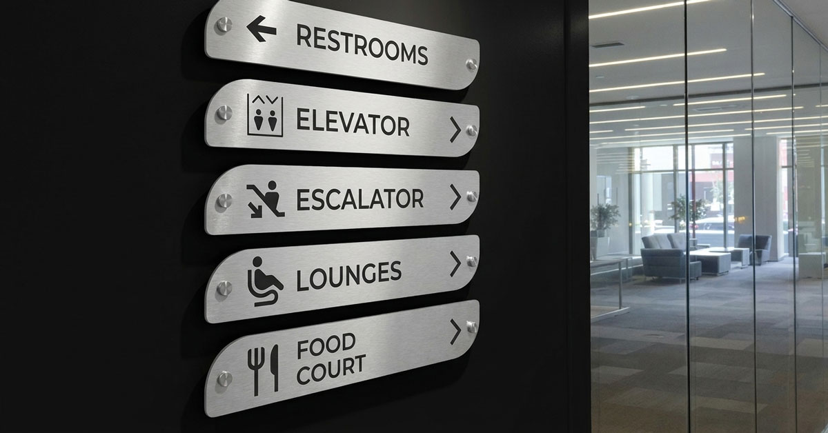Premium directional signs with arrows in a corporate office featuring high-contrast wayfinding design